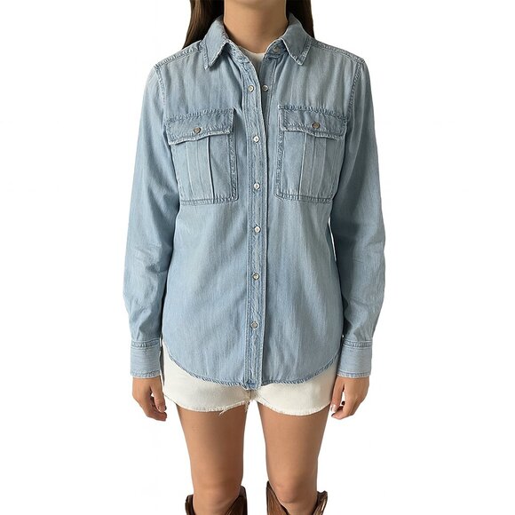 FRAME 70s Studded Denim Shirt Small Light Blue Snap Front Western LWSH1774 - Picture 1 of 10